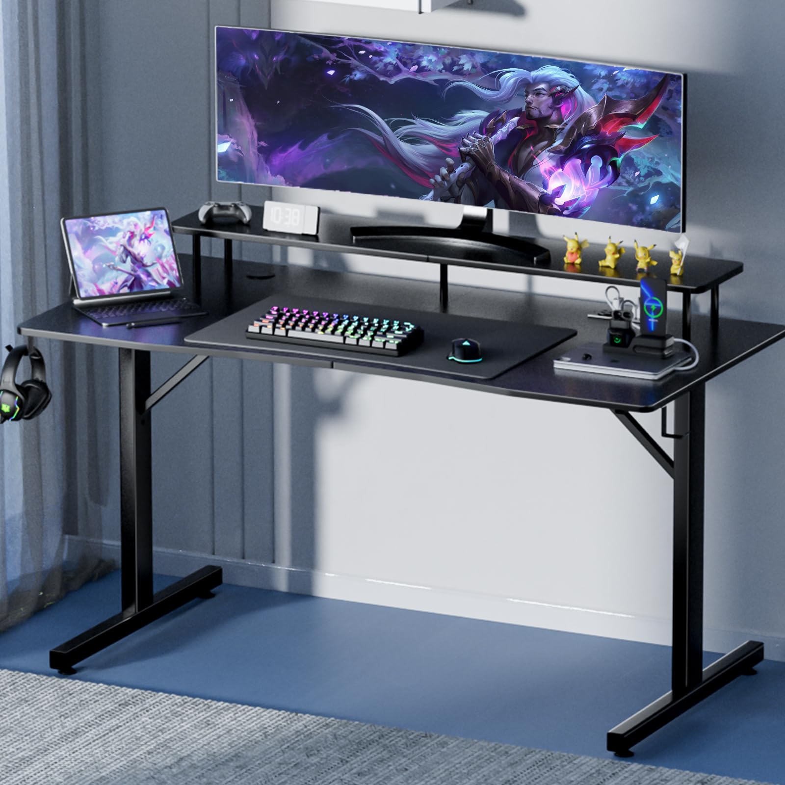 Gaming Desk with LED Lights, 55 Inch Large Computer Gamer Desk