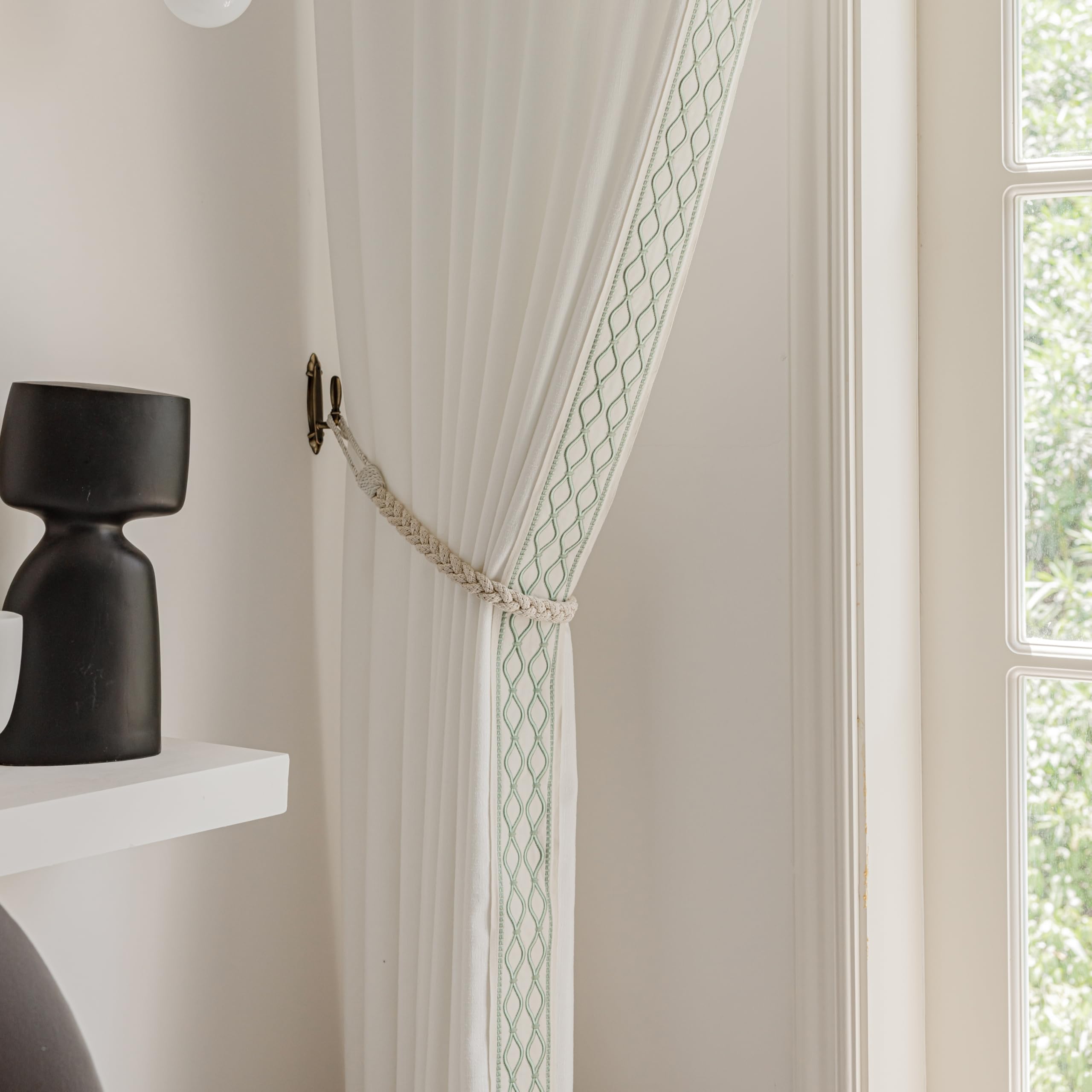 White Linen Curtain Panels with Embroidered Trim Design, Pinch Pleat Curtains
