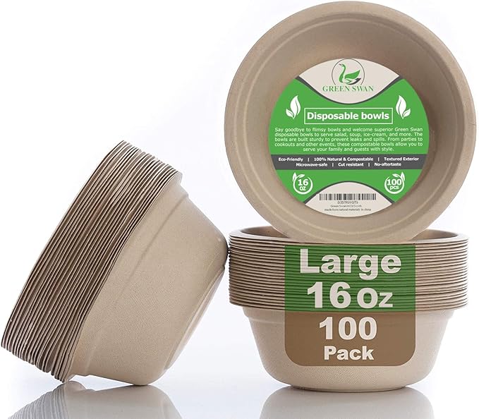Disposable Paper Bowls, 12 Oz [100 Pack] Large Bowl-100% Compostable