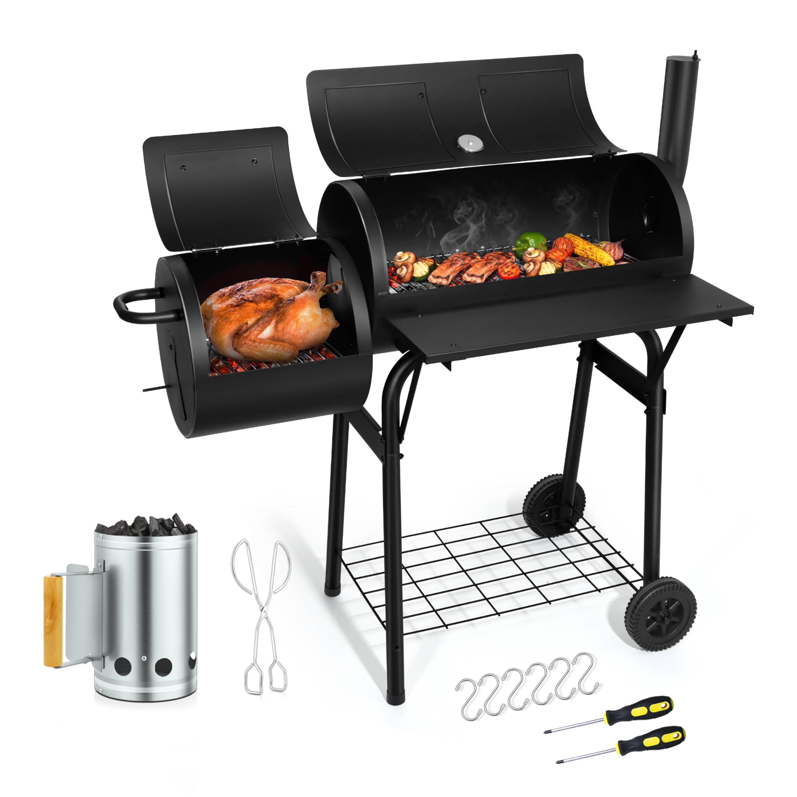 Barrel Charcoal Grill with offset Smoker(420.SQ.IN), Joyfair Large Outdoor BBQ Grills