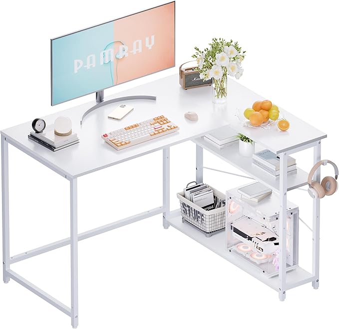 43 Inch L Shaped Computer Desk with Reversible Side Storage Shelves