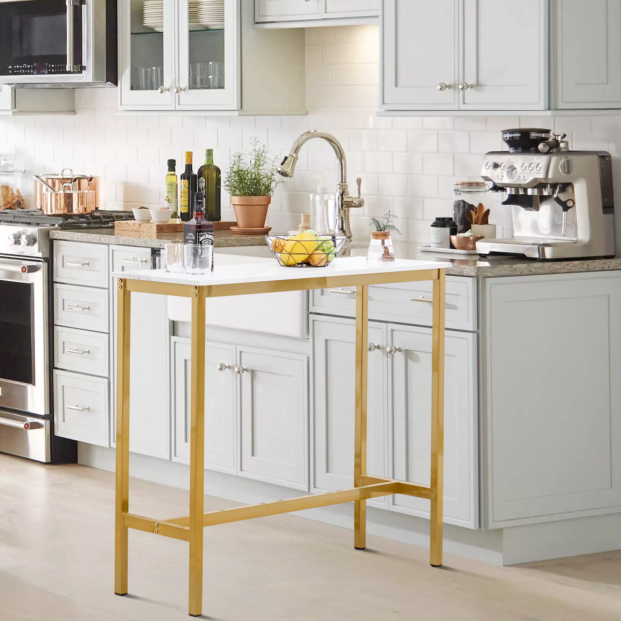 40" Bar Table,Rectangular Industrial Bar Height Table with Sturdy Gold Metal Frame