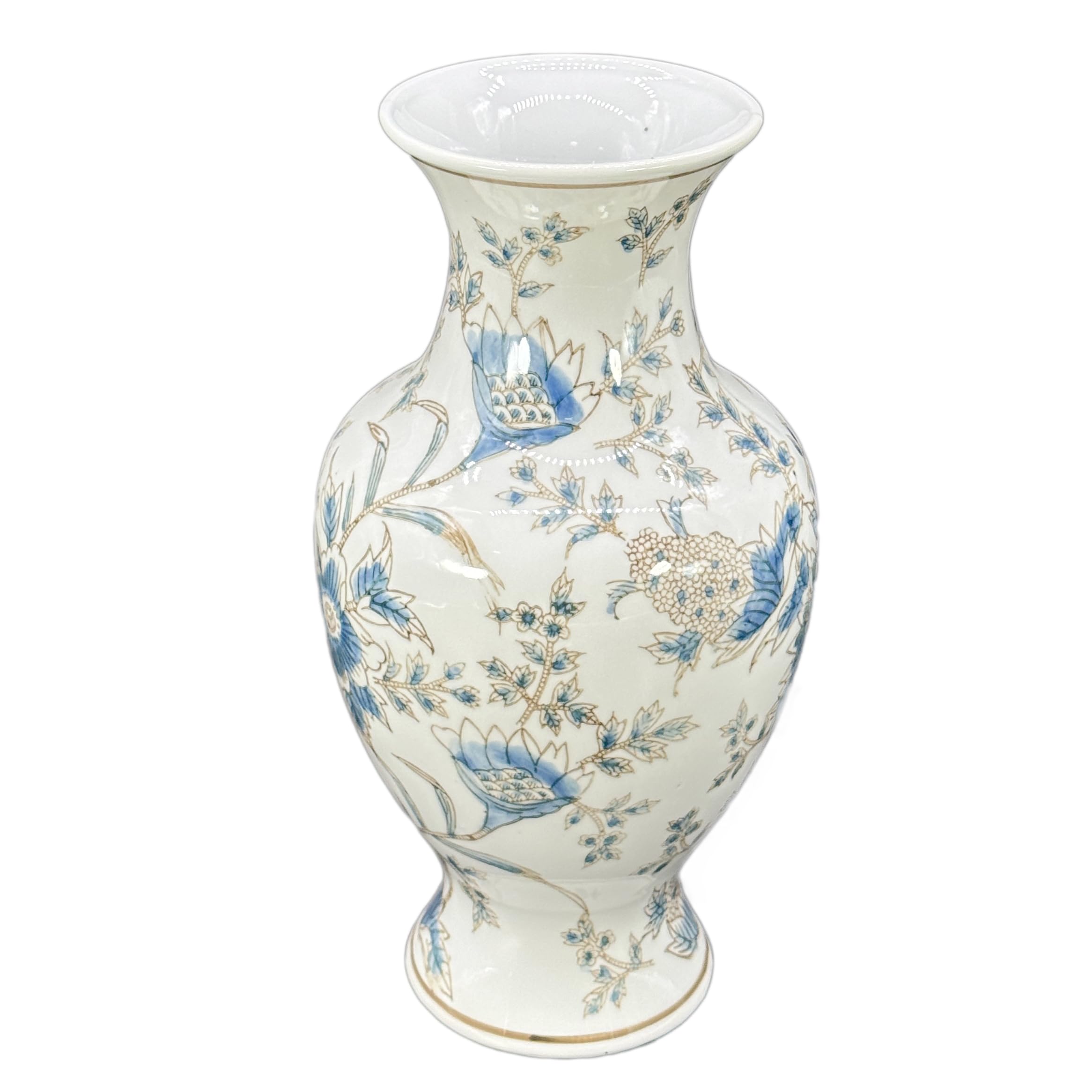White & Blue Floral Chinoiserie Ceramic Vase 14" - Hand Painted Antique Style Porcelain