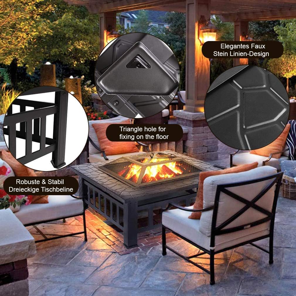 Metal Fire Pit Table with Durable Steel Frame, Poker & Mesh Cover, Wood