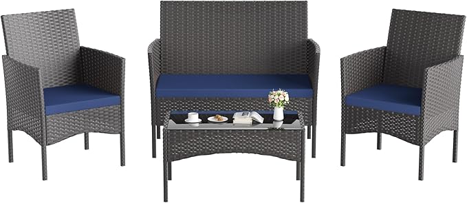 4 Pieces Outdoor Patio Furniture Set,PE Wicker Rattan Chairs Garden Conversation