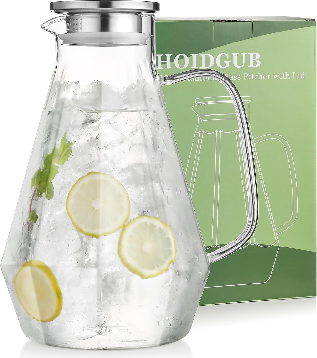 Stainless Steel Large Glass Iced Tea Pitcher, 112oz Thickened Borosilicate Glass