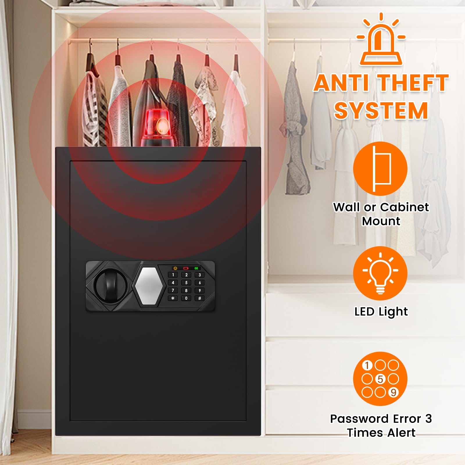 3.3 Cub Large Fireproof Safe for Home Use, Digital Home Safes Water and Fireproof with Backup Keys and Alarm System, Anti-Theft Fire Proof Safe Box for Home Office