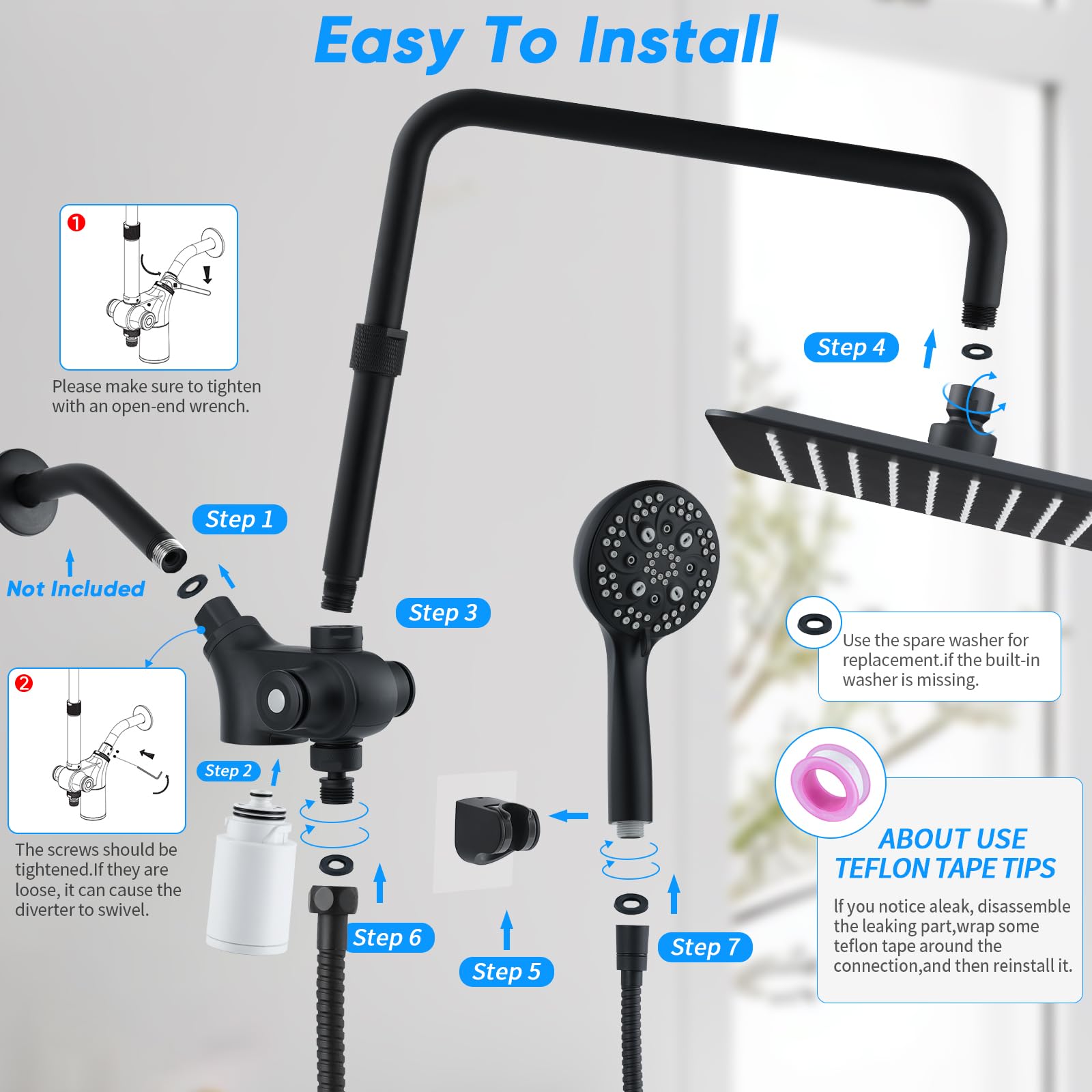 VXV 10 inch Filtered Shower Head,7 Settings High Pressure Dual Shower Heads with Handheld Spray Combo,3-Way Rain Shower Head with Filters,71''Shower Hose,Height Adjustable(Matte Black)