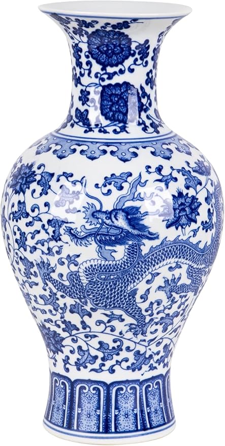 12.4” Classic Blue and White Porcelain Vase, Art Decor Big Vase