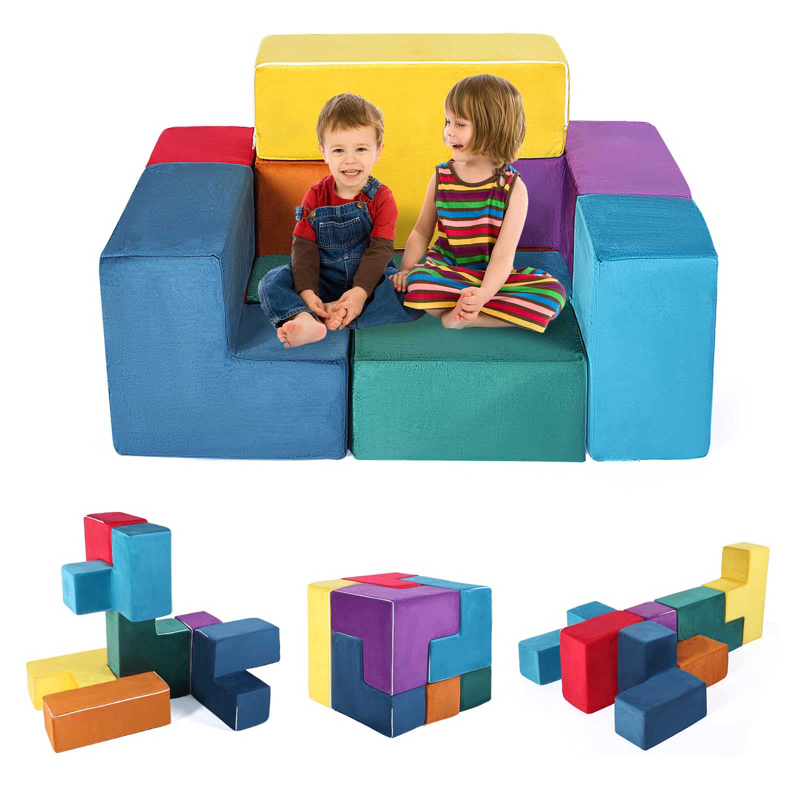 Modular Kids Play Sofa, 7 PCS Soft Kids Nugget Play Couch for Soma Cube Blocks