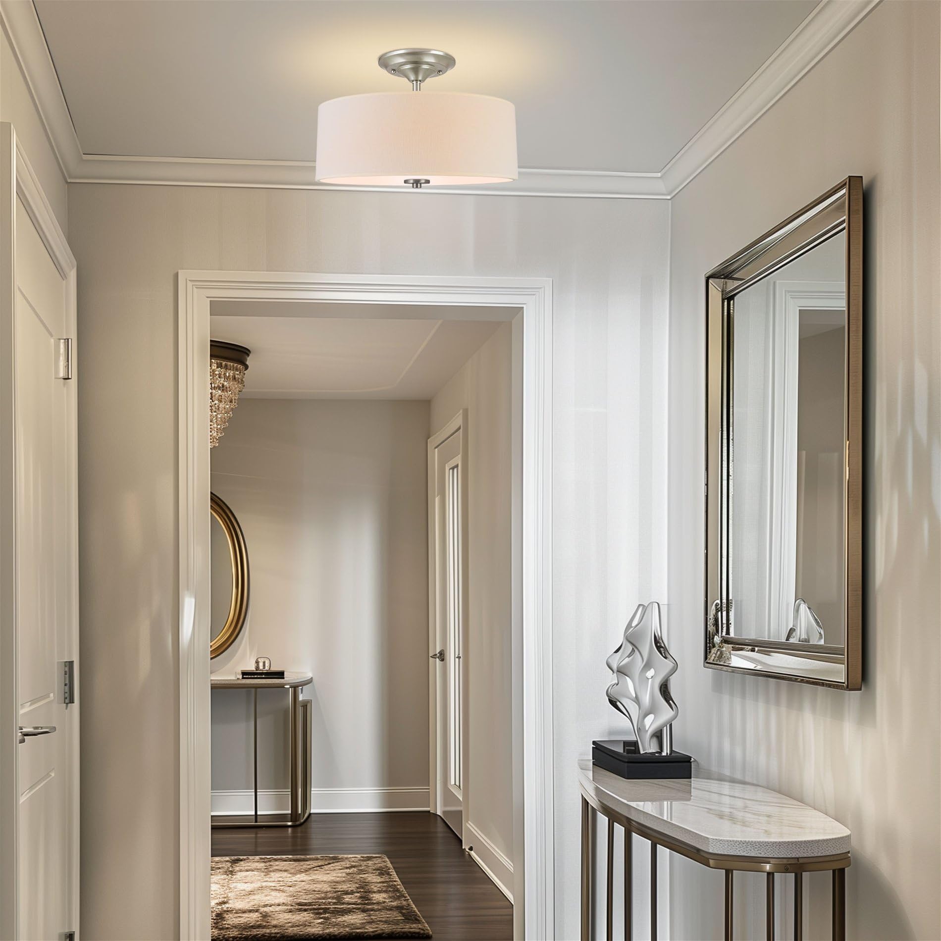 " 2-Light Semi-Flush Mount Ceiling Light Fixture with Off-White Fabric