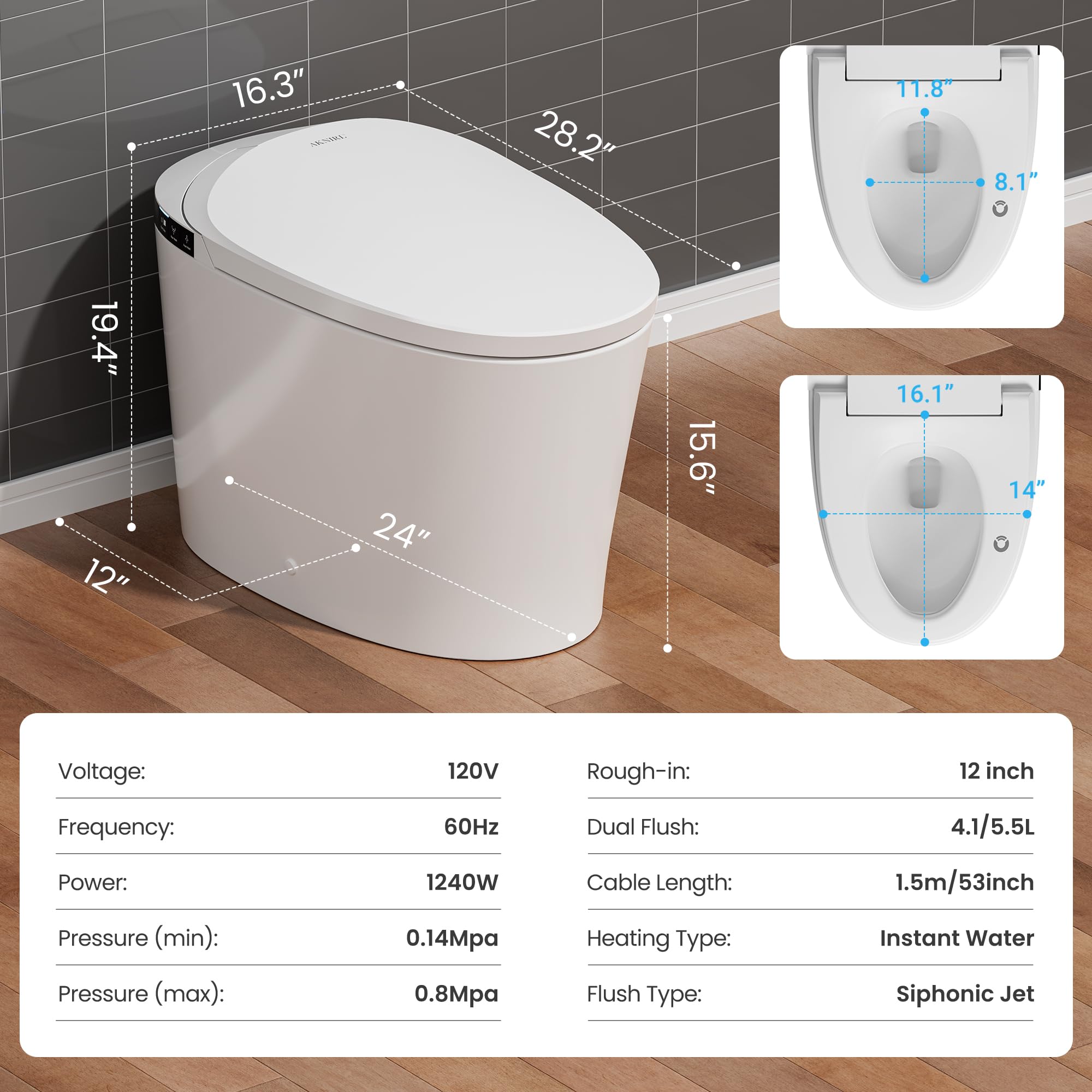 AKNIRL Smart Toilet with Bidet Built-in, Booster Pump Assisted, Powerful Auto Flush, Foot Sensor, Heated Seat, Warm Water, Night Light, Air Dryer, Deodorization, Bidet Toilet for Modern Bathroom