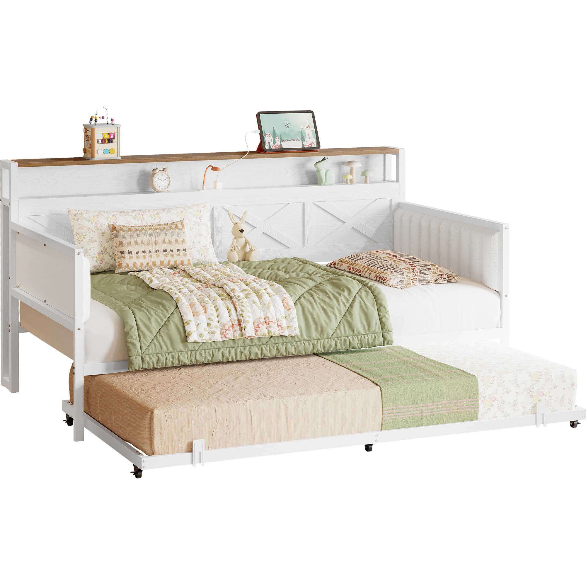 Daybed with Trundle, Sturdy Metal Twin Bed Frame with X-Shaped Frame
