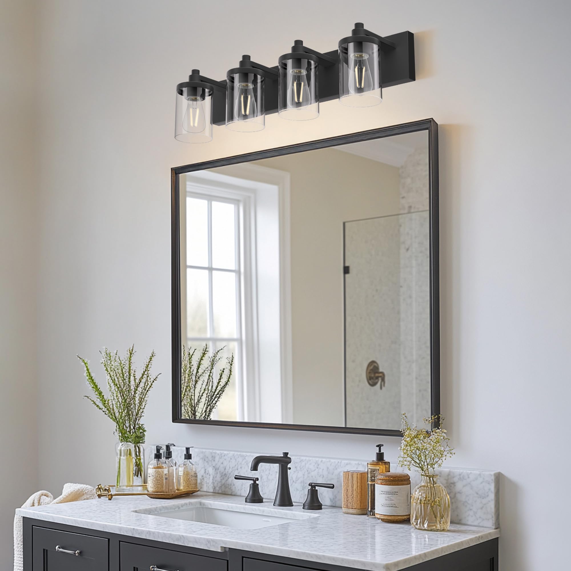 Bathroom Vanity Light, 4 Light Matte Black Light Fixture with Clear Glass Shade