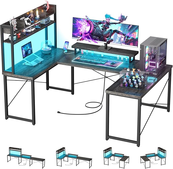 98" L Shaped Gaming Desk Reversible, U Shaped Desk with Storage Shelves