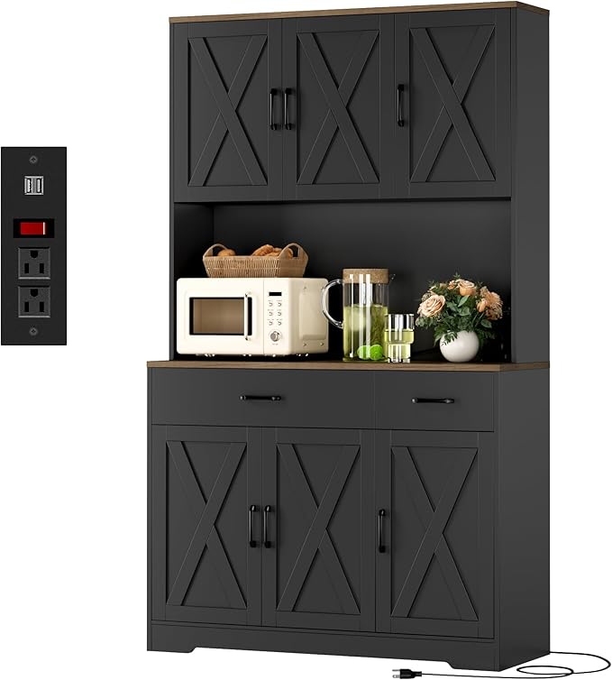 Cabinet with Charging Station, Tall Kitchen Pantry Storage Cabinet with Microwave