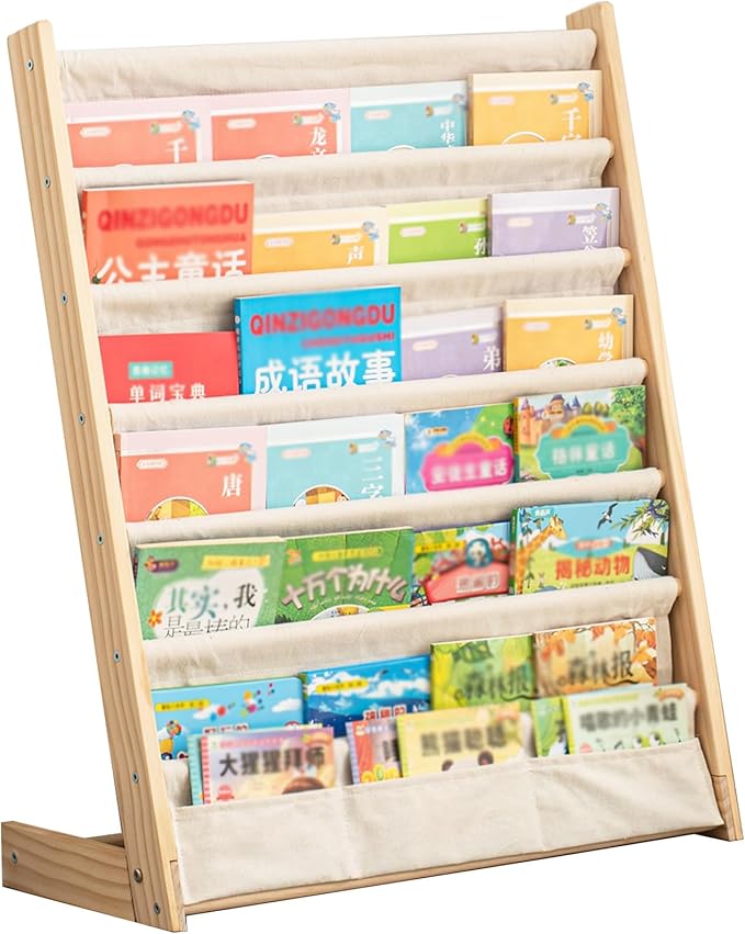7 Tier Wooden Kids Bookshelf Book Holder Natural Wood Book Rack Storage Bookshelf