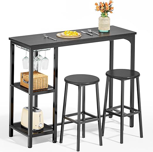 3-Piece Bar Table Set for 2, Bar Table with Stools & 2 Storage Shelves, Small Bar Table