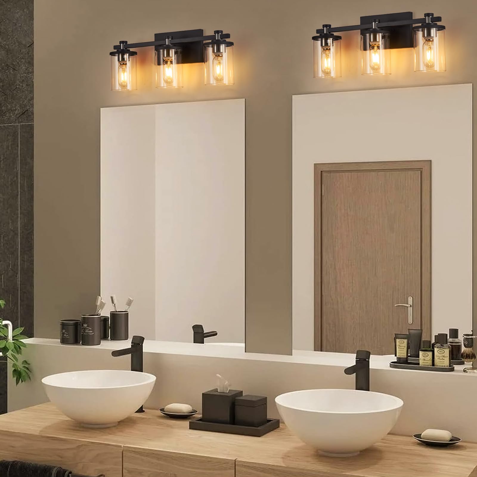 Bathroom Vanity Light 3-Light, Black and Nickel Bathroom Light Fixtures with Clear Glass