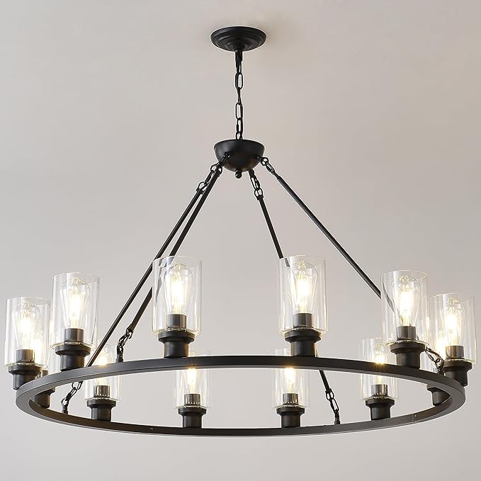Black Wagon Wheel Chandelier 32 Inch Modern Farmhouse Glass