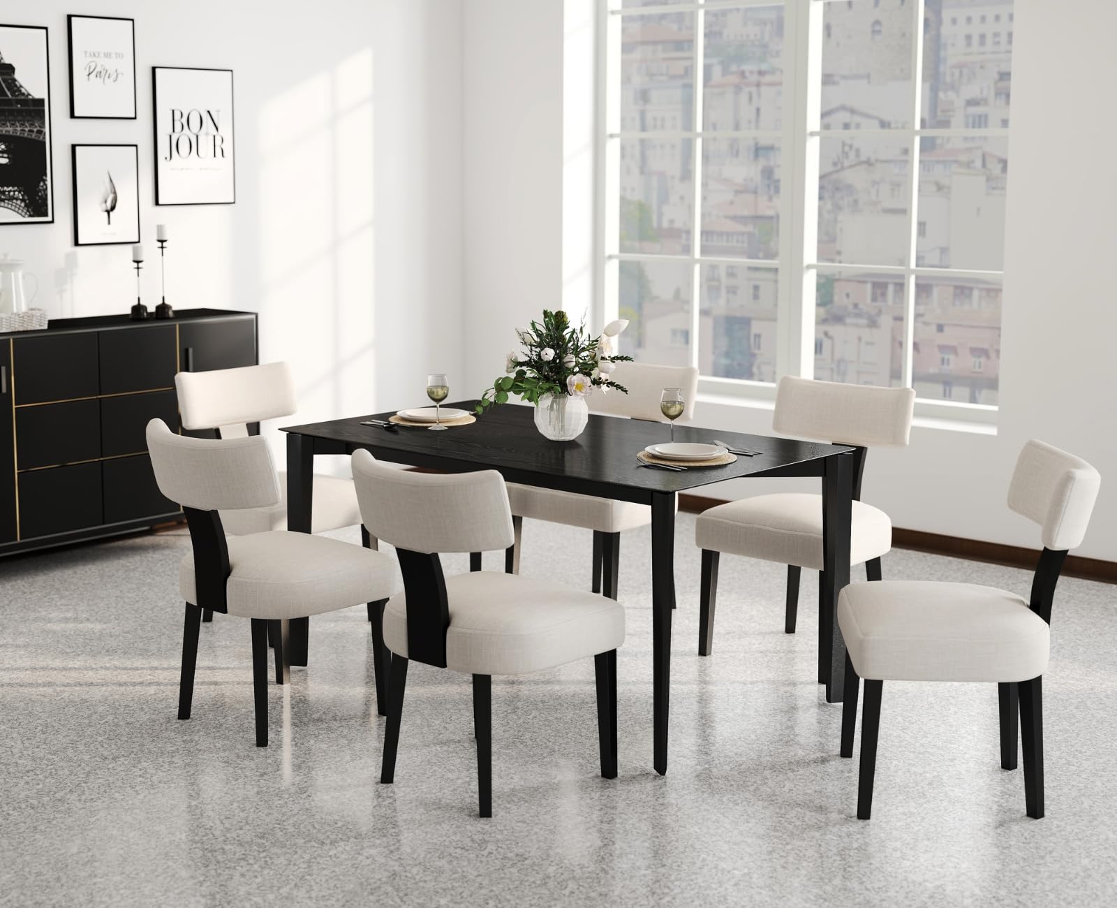 Black Farmhouse Dining Table for 4-6 People Mid-Century Modern Rectangular