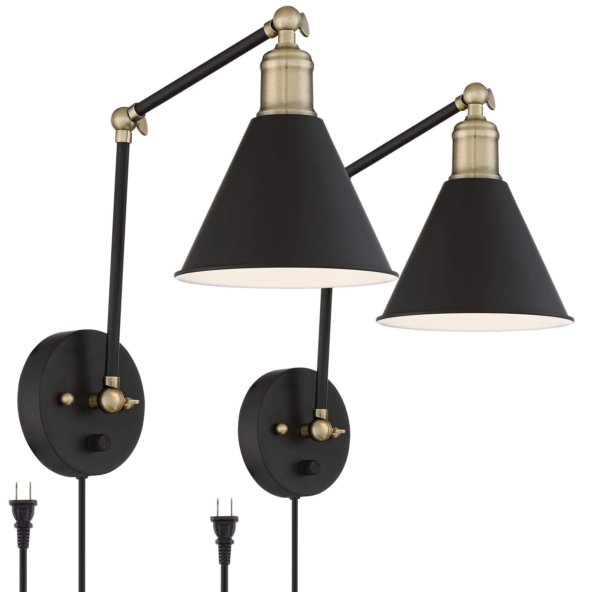 Modern Indoor Adjustable Swing Arm Wall Lamp with Cord Set of 2 Black Antique
