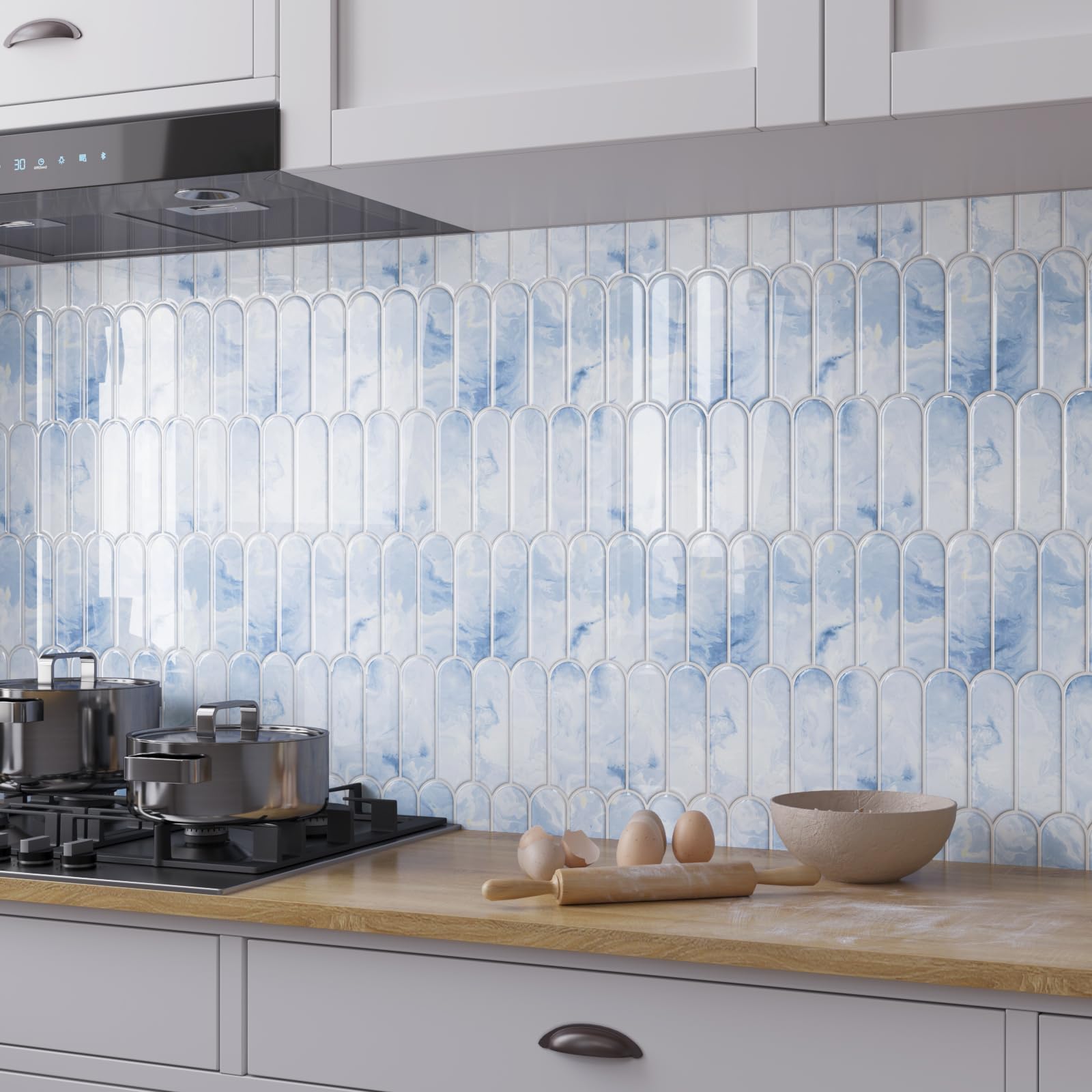 20 Sheets Cream Blue Backsplash Tile Peel and Stick Long Fish Scale Back Splash