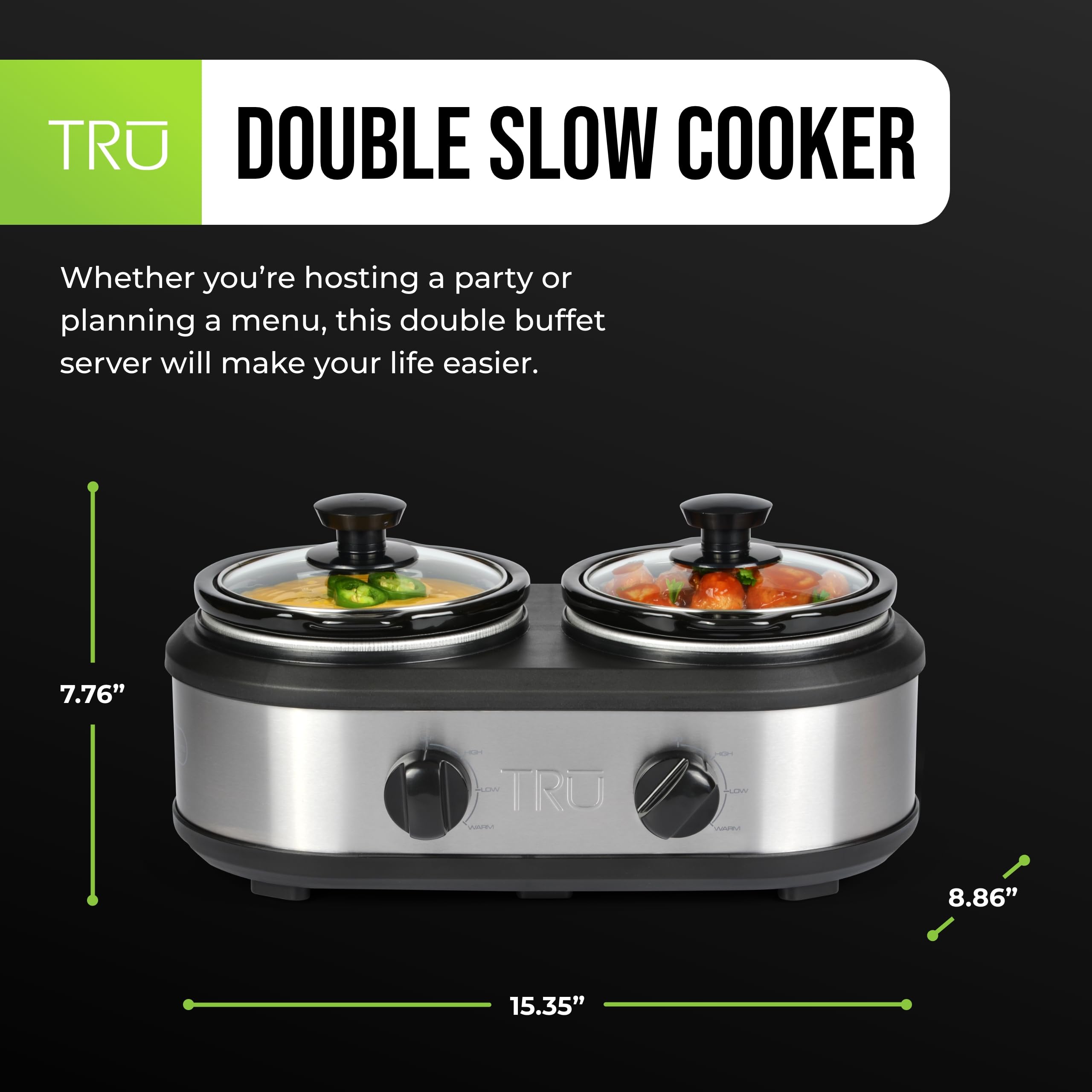 TRU Double Slow Cooker by Select Brands - Double Buffet Server for Parties, Holidays & Gatherings - Slow Cooker Buffet Server - 2 Inserts, Each 1 1/4 Quarts
