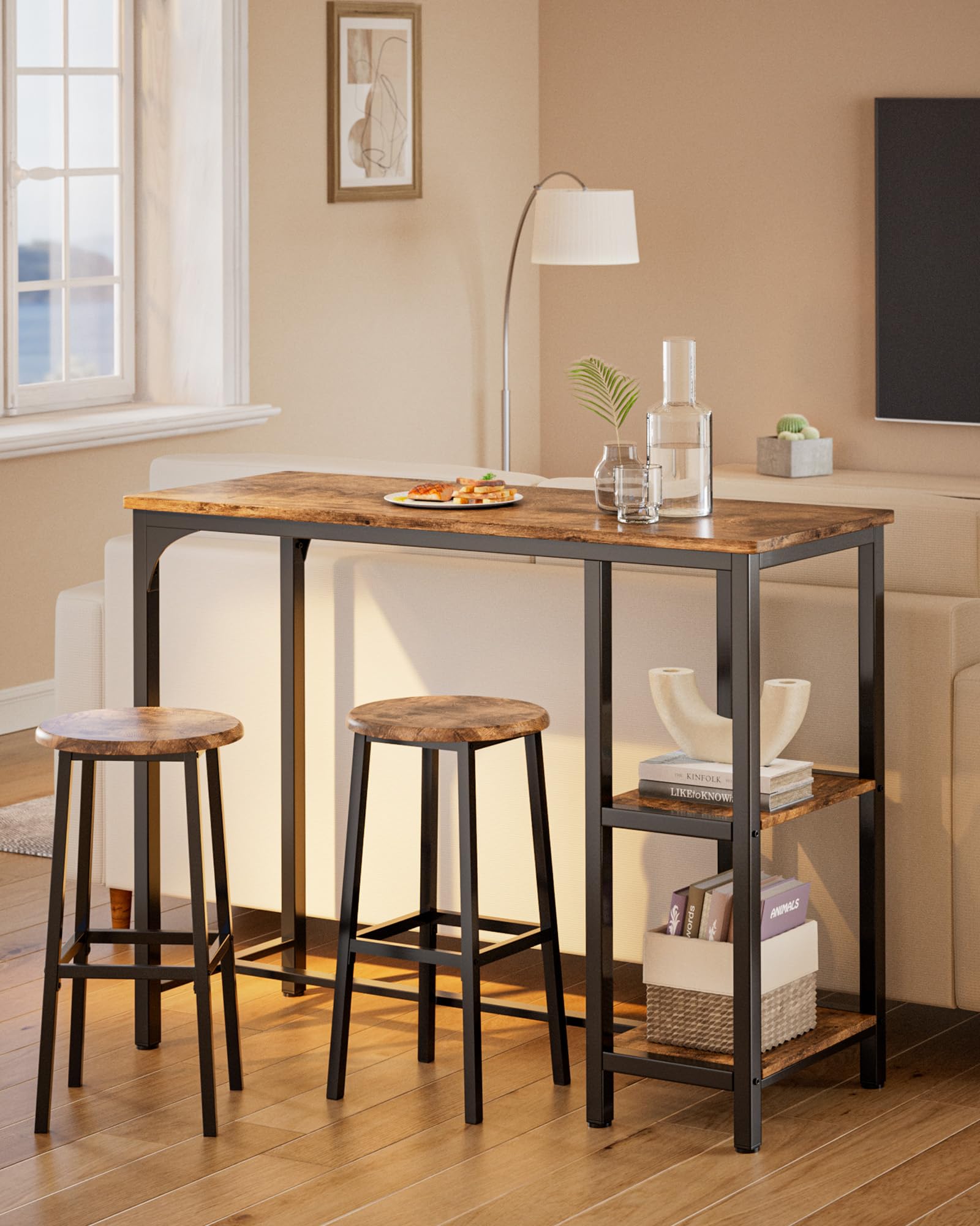 3-Piece Bar Table Set for 2, Bar Table with Stools & 2 Storage Shelves, Small Bar Table