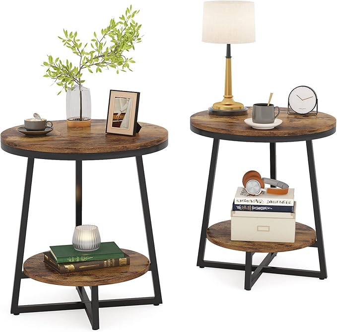 End Table, 2 Tier Round Side Table with Storage Shelf