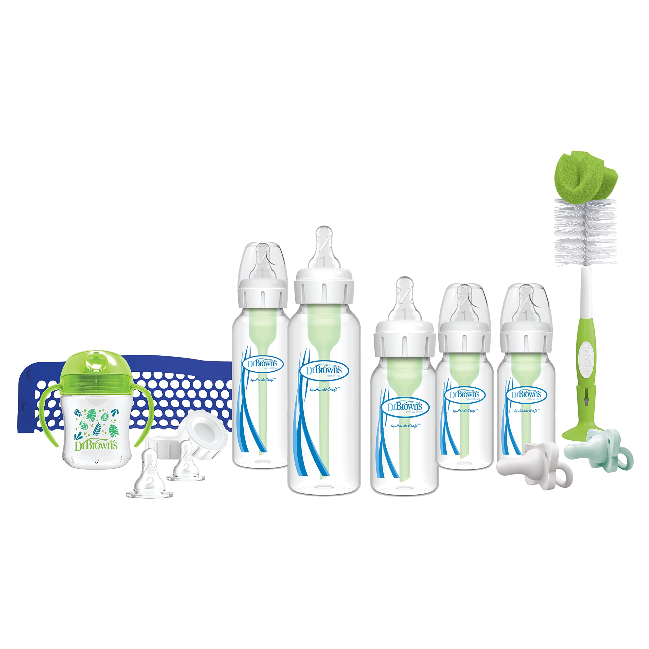 Natural Flow Baby Feeding Set with Anti-Colic Bottles, Transition Cup, Brush,