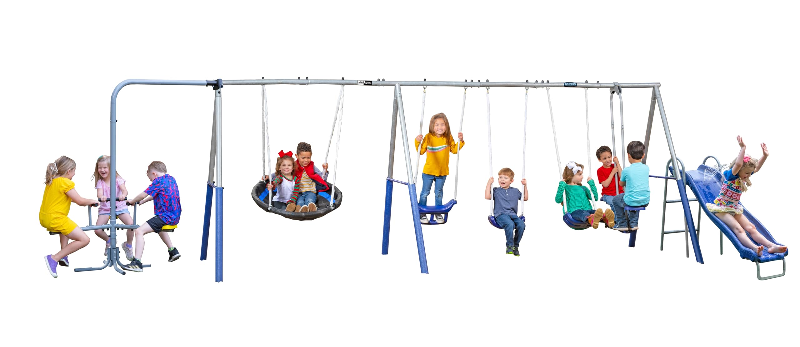 Plus - 8 User Metal Swing Set with 6' Water Slide and The Triple Fun-Go Round