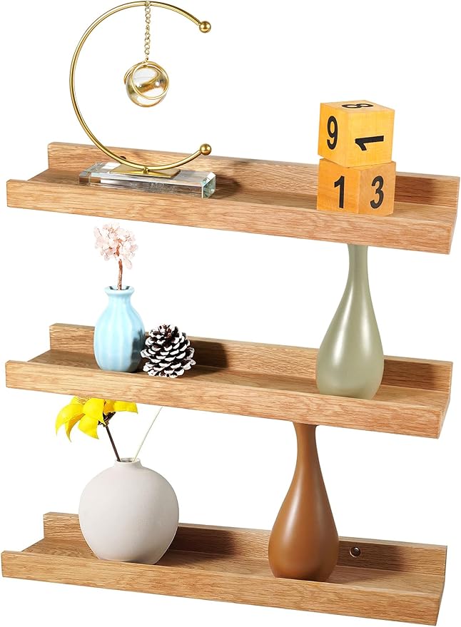 12 Inch Floating Shelves Wall Mounted, Solid Oak Wood Shelf for Decor and Storage