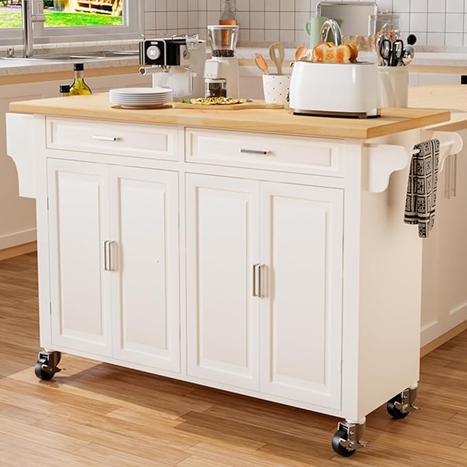 Kitchen Island 54" Large Rolling Kitchen Island Cart On Wheels with Drop Leaf Breakfast