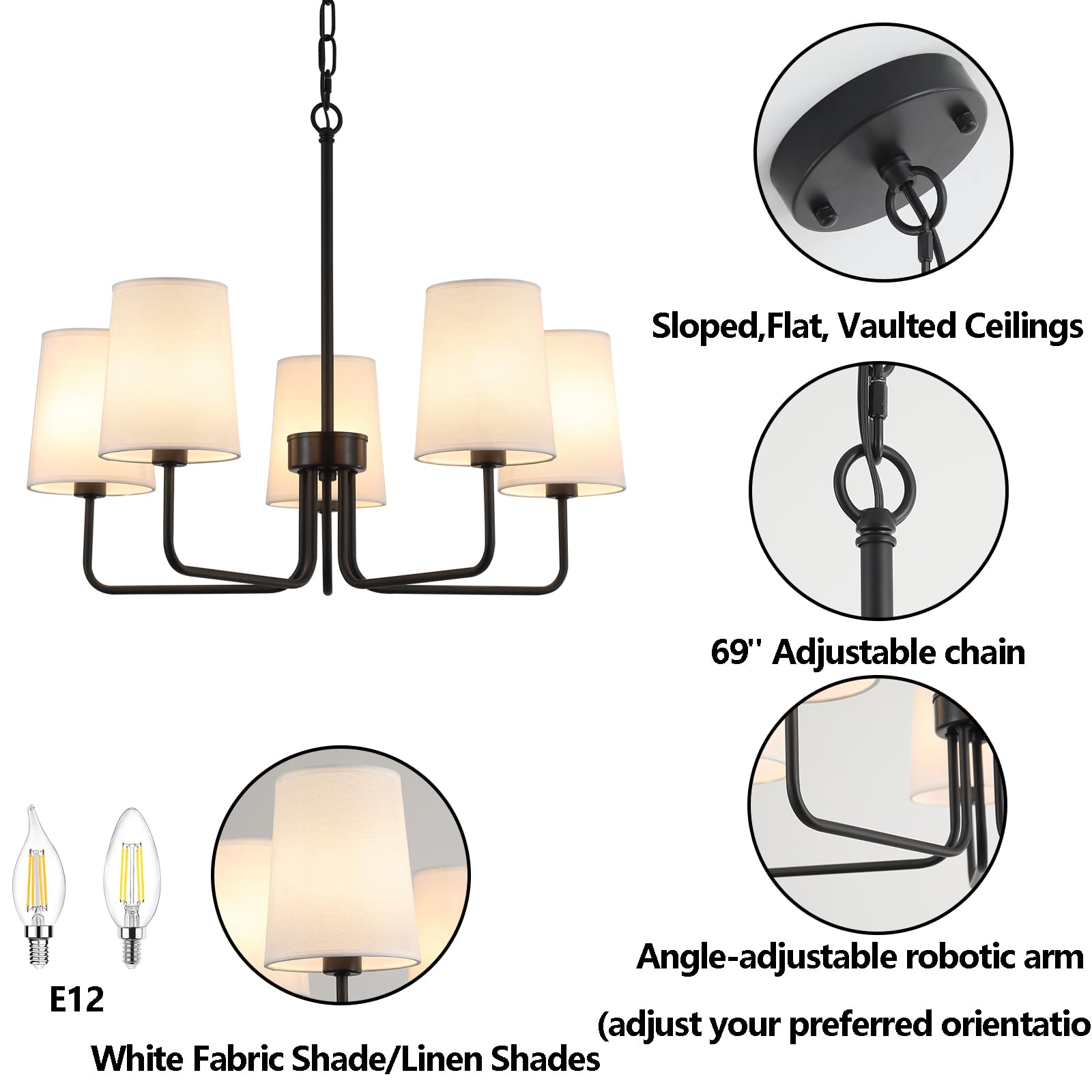 AMZASA Farmhouse Chandelier, Matte Black with White Fabric Shade, Farmhouse Linear Island Lighting Fixture for Kitchen, Dining Room (5-Light Matte Black with Fabric Shades)