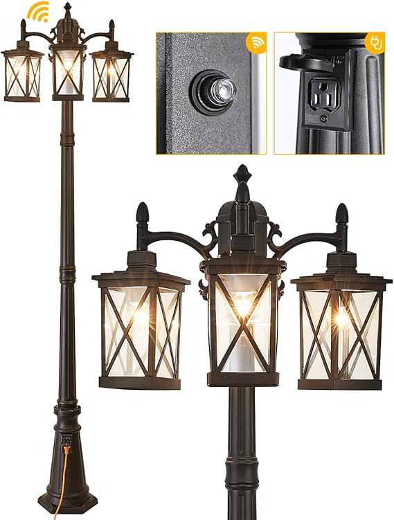 Solar Powered Outdoor Post Light 82.7" H 3-Headed Lamp Post with Dusk