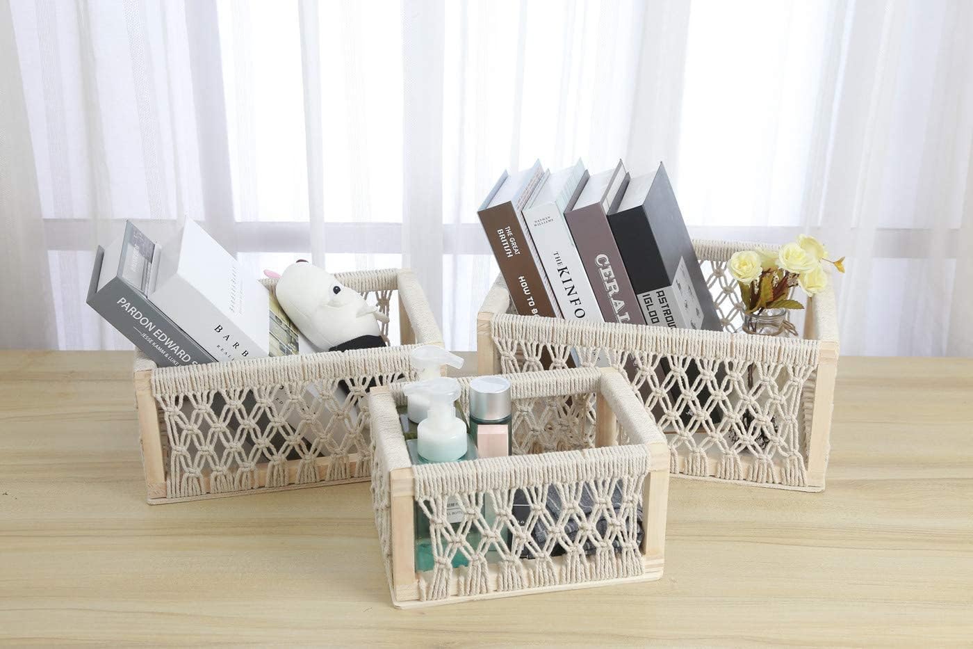 Macrame Baskets for Storage Set of 3, White Decorative Storage Bin for Living Room