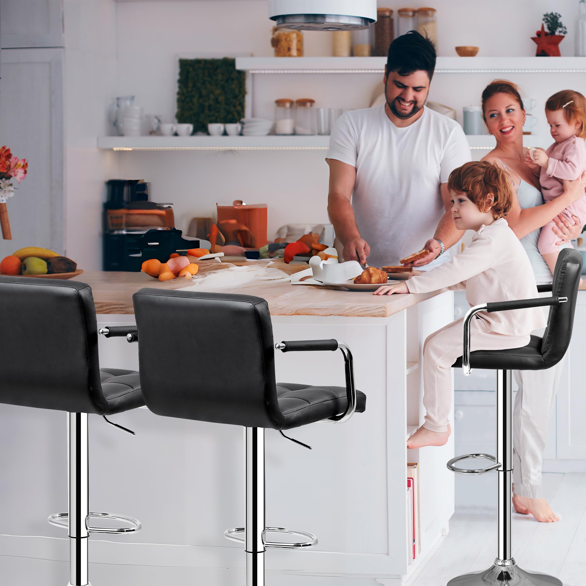 Bar Stools Set of 4, Modern PU Leather Adjustable Swivel Barstool with Back and Arms