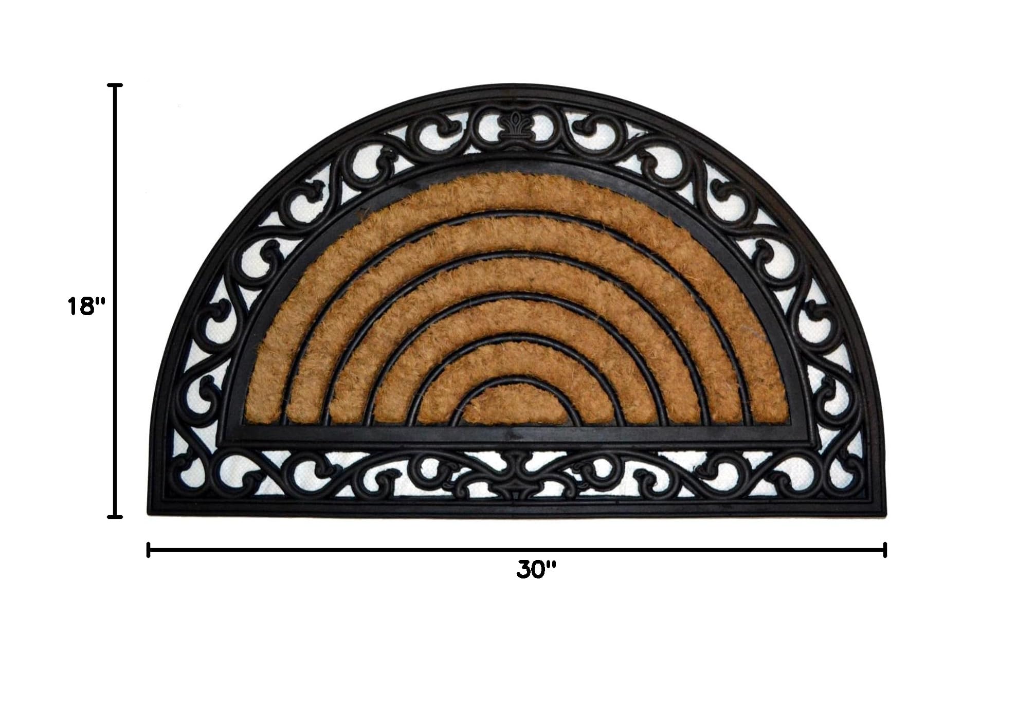 Half Round Rubber Back Coir Doormat, Scrolled Grill, 18-Inch by 30-Inch
