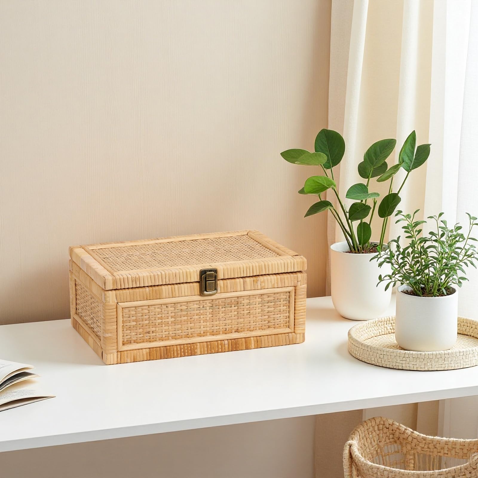 Rattan Box with Lid Decorative Natural Handmade Boho Rattan Baskets Woven