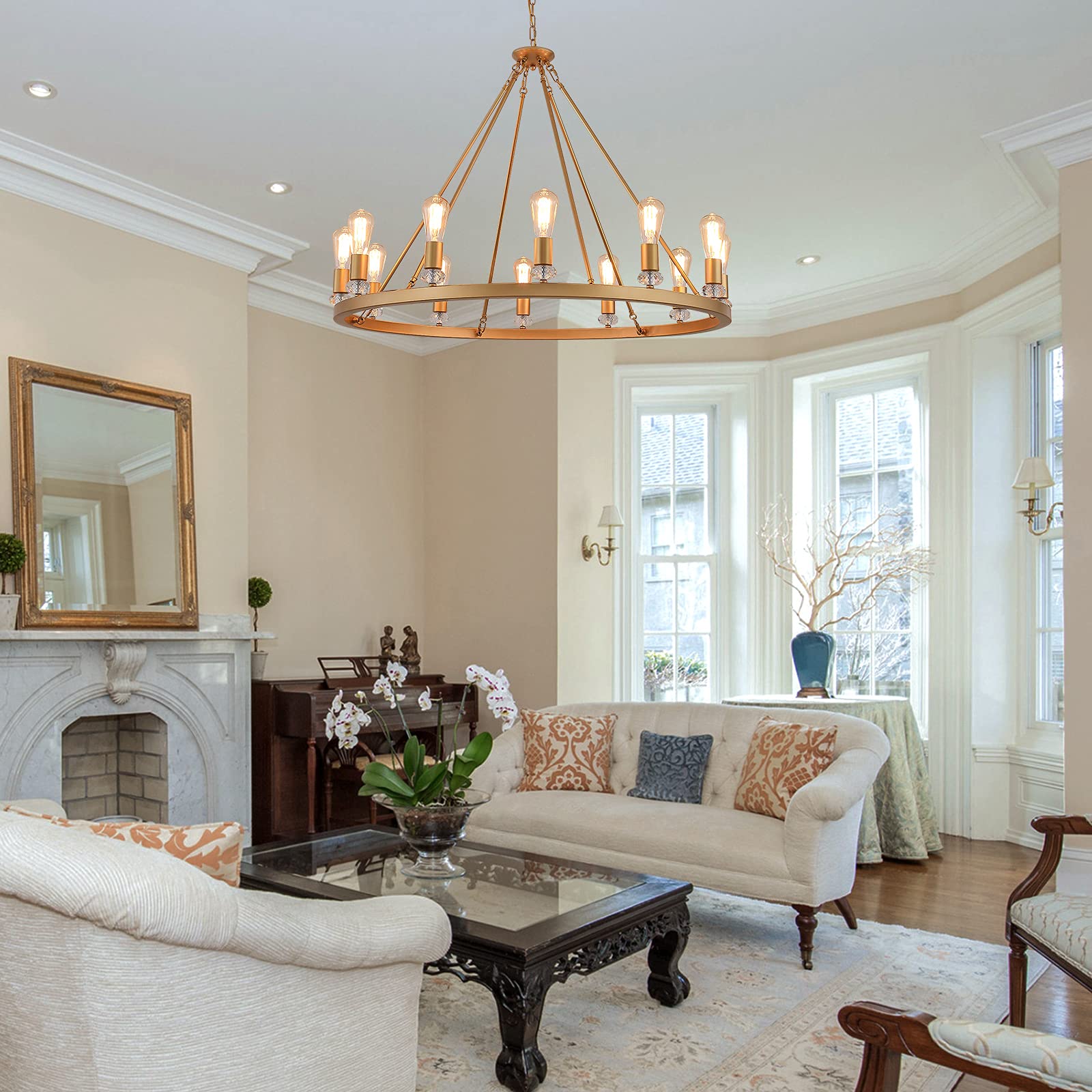 Large Modern Wagon Wheel Chandelier Gold Metal Round Luxury Industrial