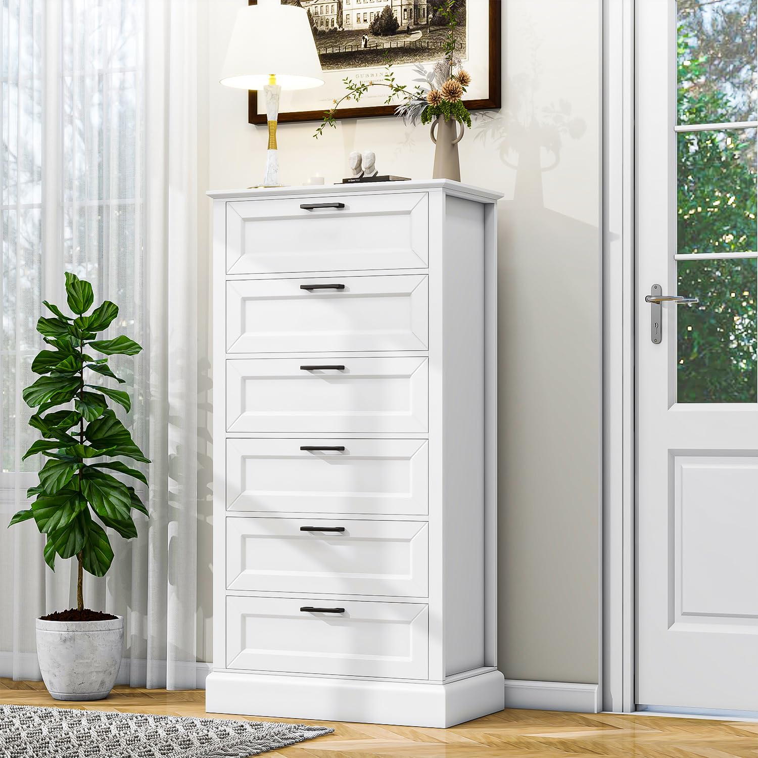 Tall White 6 Drawer Dresser, Wood Vertical Chest of Drawers for Bedroom, 55"