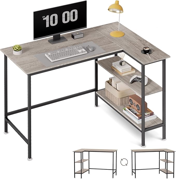 43" L Shaped Office Desk with Reversible Storage Shelves