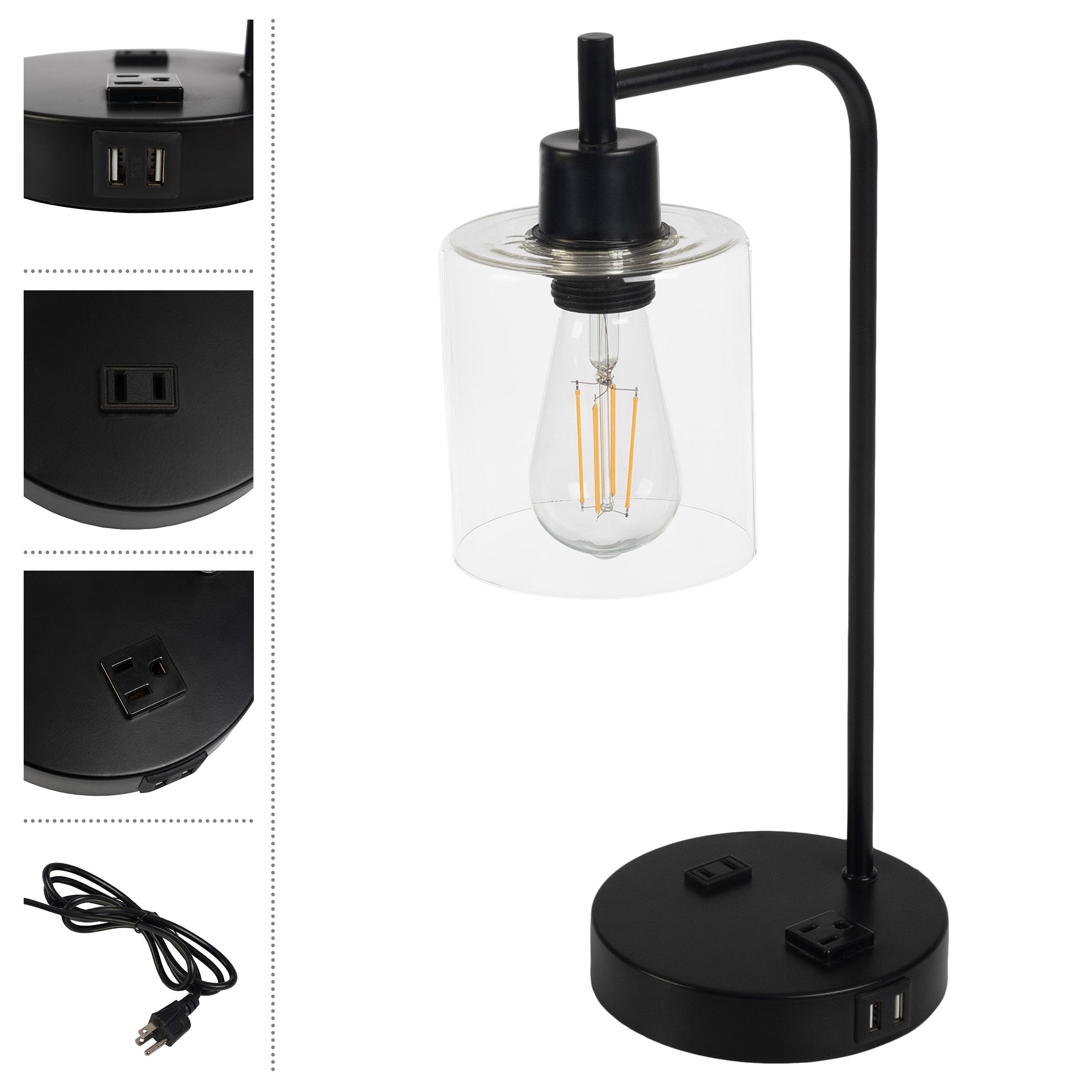 2 Table Lamps - Industrial Lamps with USB Ports, Touch Control, and Edison Bulb