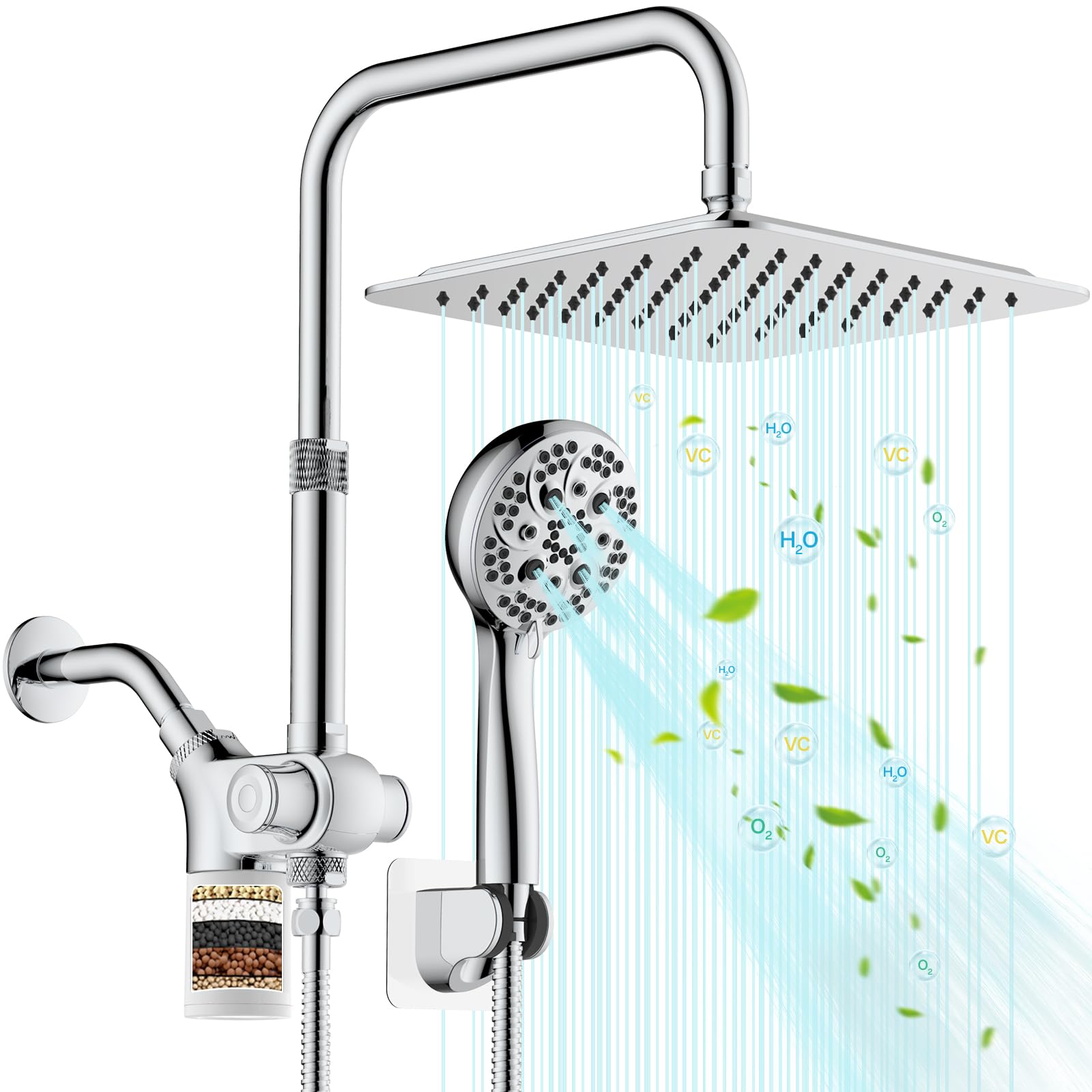 VXV 10 inch Filtered Shower Head,7 Settings High Pressure Dual Shower Heads with Handheld Spray Combo,3-Way Rain Shower Head with Filters,71''Shower Hose,Height Adjustable(Chrome)