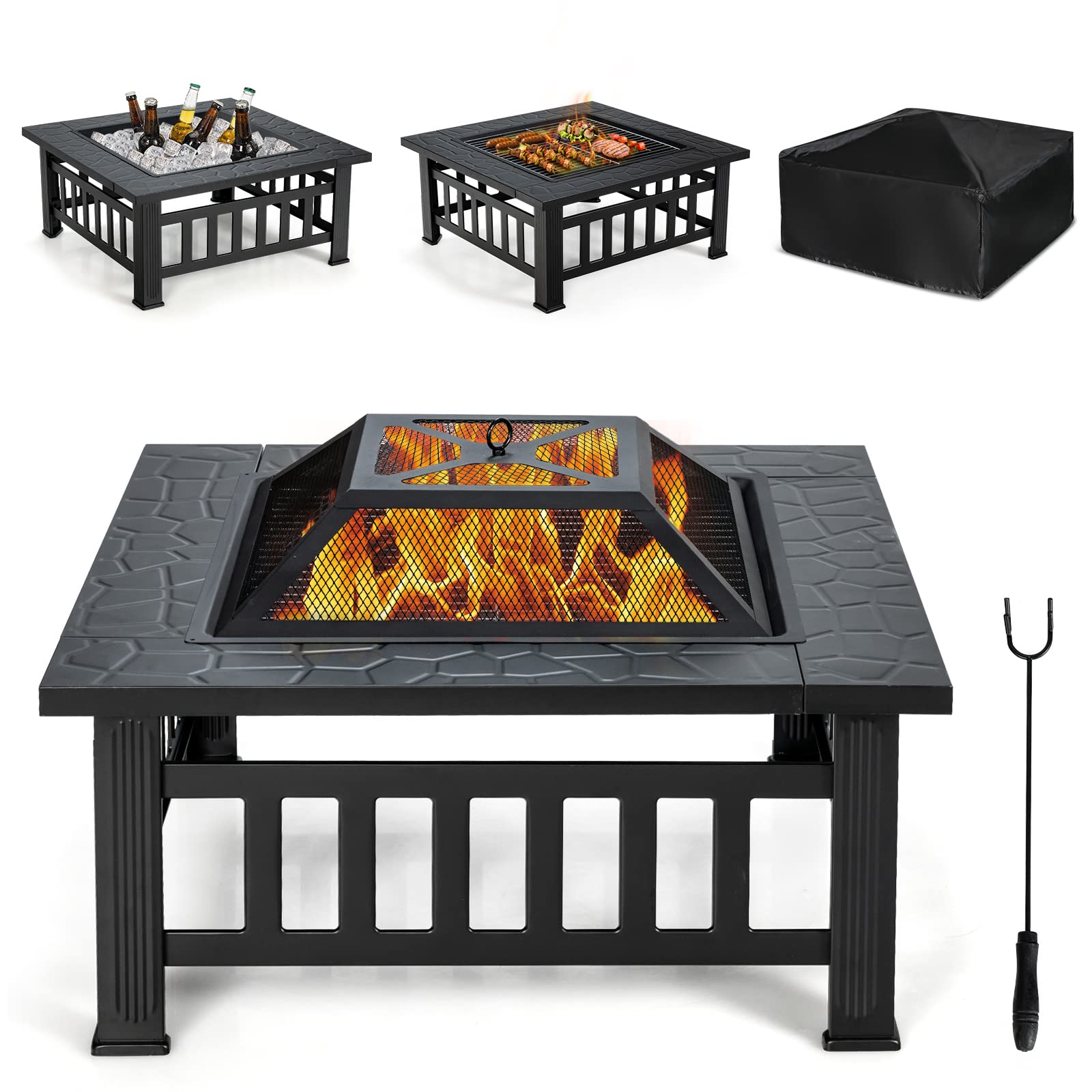 32" Outdoor Fire Pit, 3 in 1 Square Wood Burning Fire Table, Multifunctional Firepit