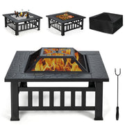 32" Outdoor Fire Pit, 3 in 1 Square Wood Burning Fire Table, Multifunctional Firepit
