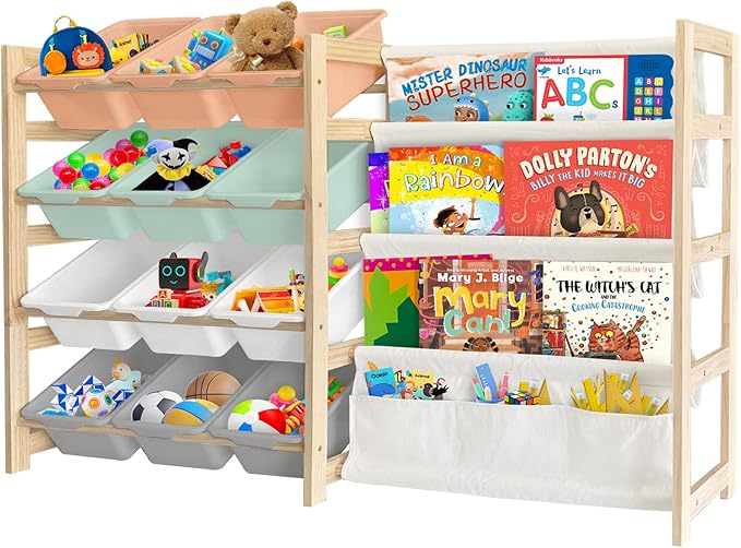 Toy Storage Organizer with Bookshelf - 12 Storage Bins 4-Tier Multipurpose Shelf