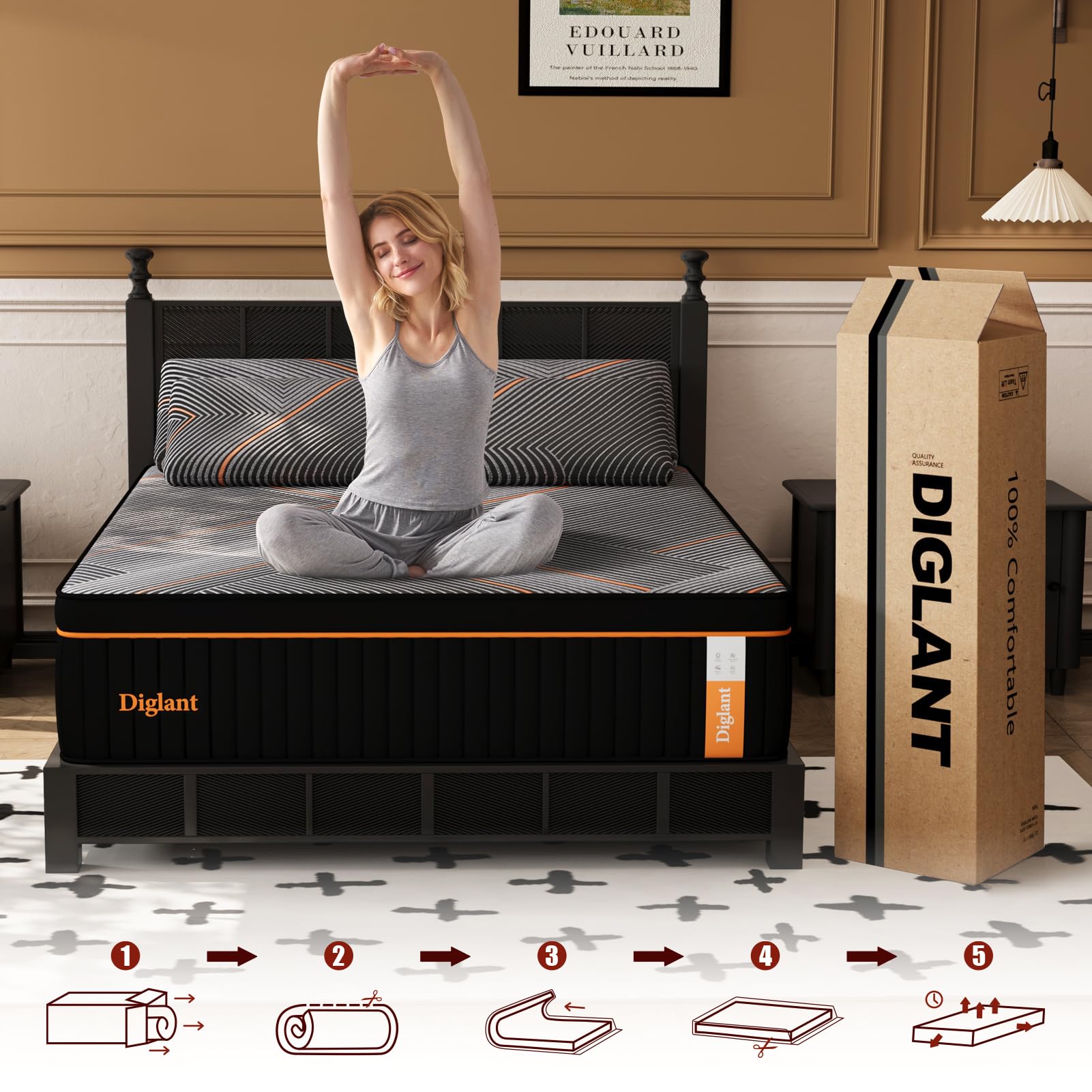 King Mattress,14 Inch Plush Hybrid Mattress, Black Memory Foam with Individually