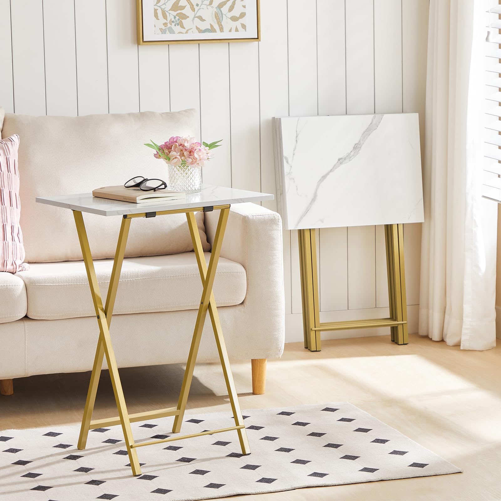 Folding TV Tray Tables, Set of 4 TV Trays with Storage Rack, Industrial Side Table